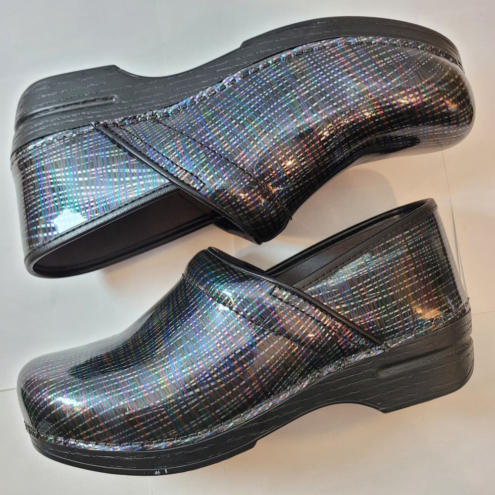 Dansko Professional XP‎ Clogs Womens 10.5 Holographic Iridescent Plaid Leather